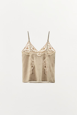 ZARA ТОП В БЕЛЬЕВОМ СТИЛЕ С ВЫШИВКОЙ — ZW COLLECTION, СЕРЫЙ/БЕЖЕВЫЙ