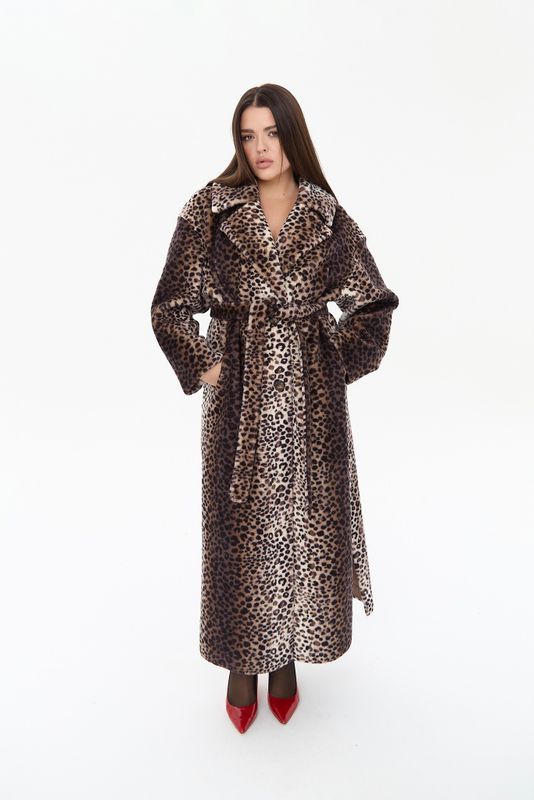 Шуба из овчины на трикотажной основе длинная, леопард