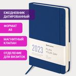 Ежедневник датированный 2023 А5 138x213 мм BRAUBERG "Flap", синий, 114148