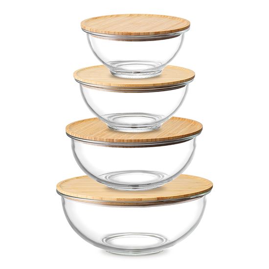 Набор из 4-х стеклянных мисок eco store с крышками из бамбука