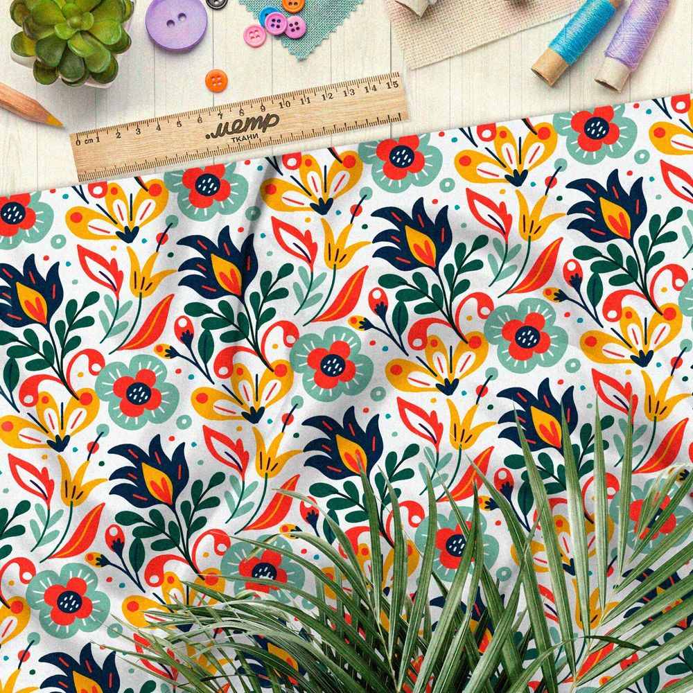 Ткань шелк Армани яркие цветы из советского мультика