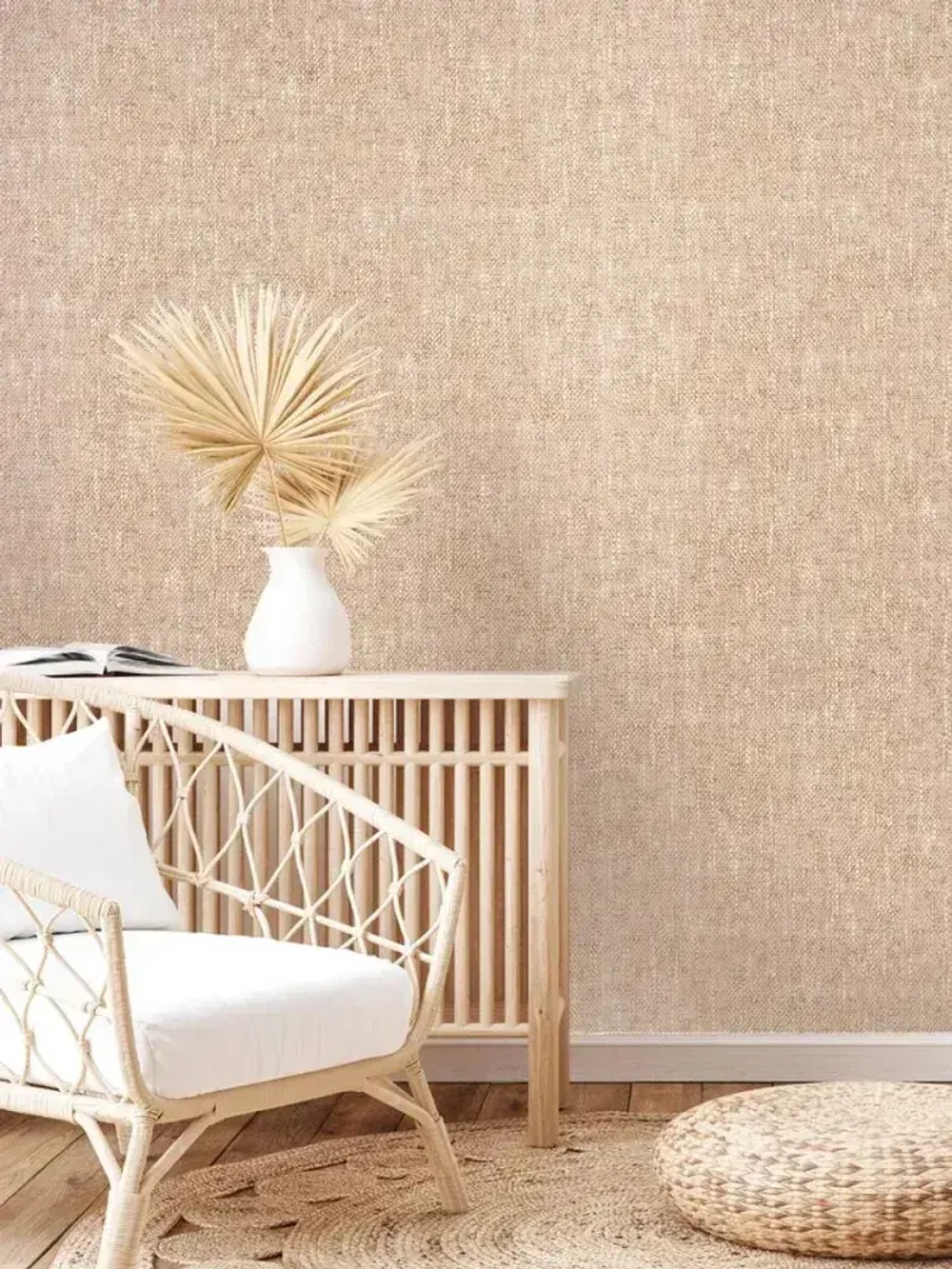 Обои виниловые флизелиновые Мешковина бежевая, метровые, для коридора (VILIA, 1015-61)