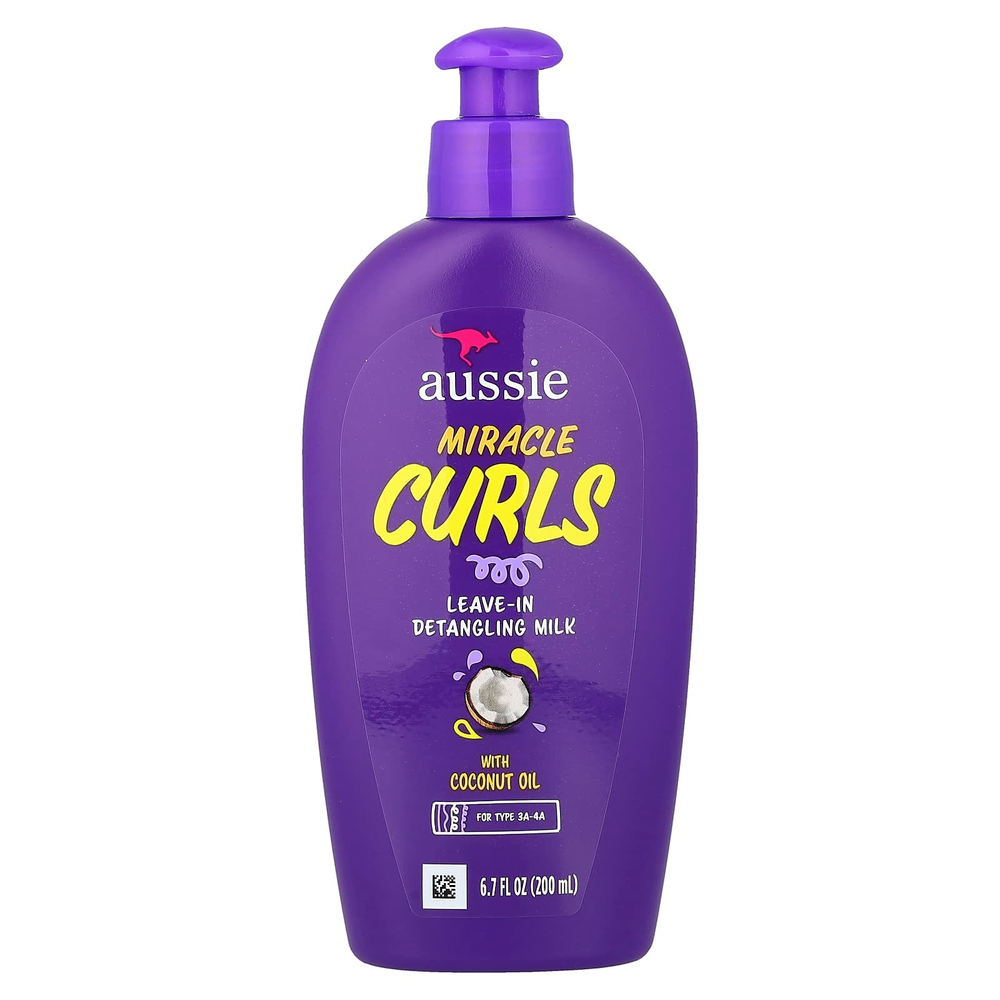 Aussie, Miracle Curls, несмываемое молочко для расчесывания волос с кокосовым маслом, для типов 3A–4A, 200 мл (6,7 жидк. унции)