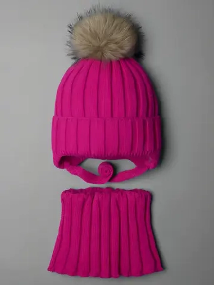 Шапка зимняя детская с помпоном на завязках и снуд