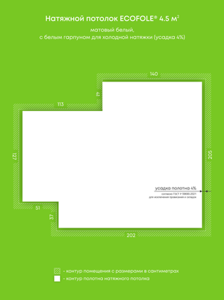 Матовый натяжной потолок 4.5 м2