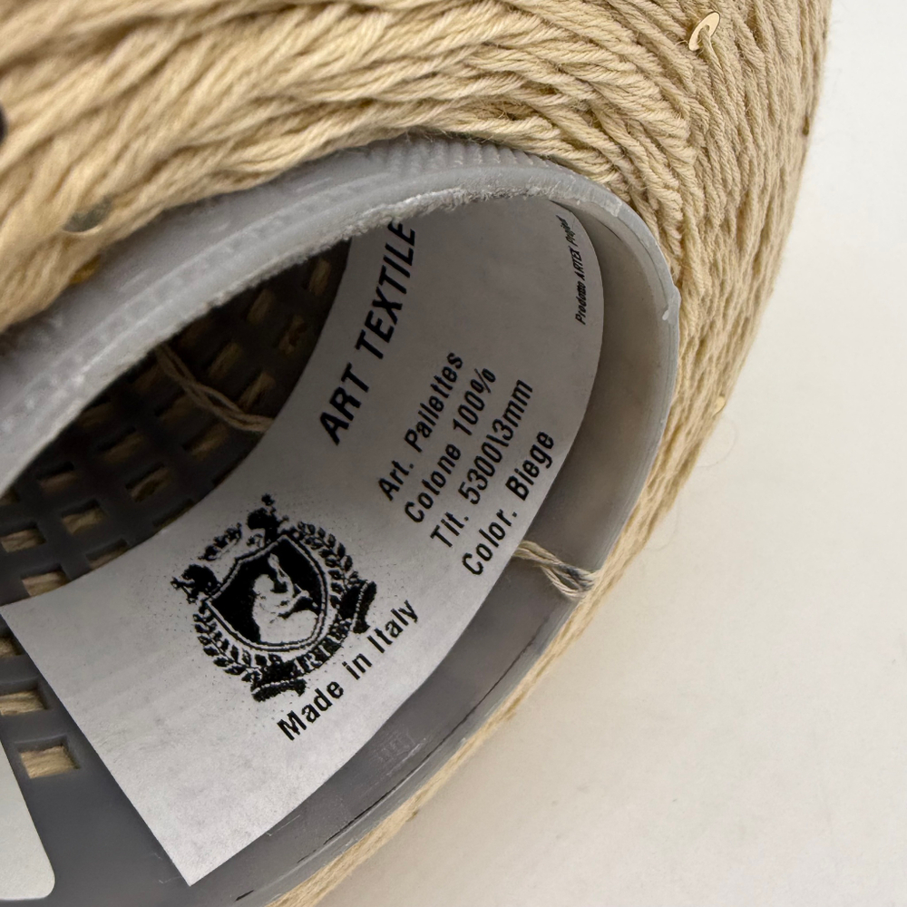 Пряжа Pailettes Cotton (100% хлопок) пайетки 2мм, 530/100 гр, бежевый, пайетки 3мм белое золото
