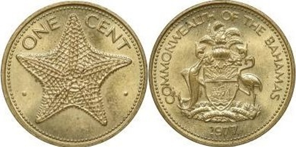 Багамы 1 цент, 1974-1985 Морская звезда XF