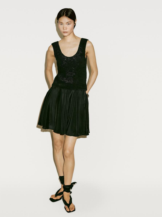 Massimo Dutti Короткая юбка с воланами и струящейся отделкой-Limited Edition, черный