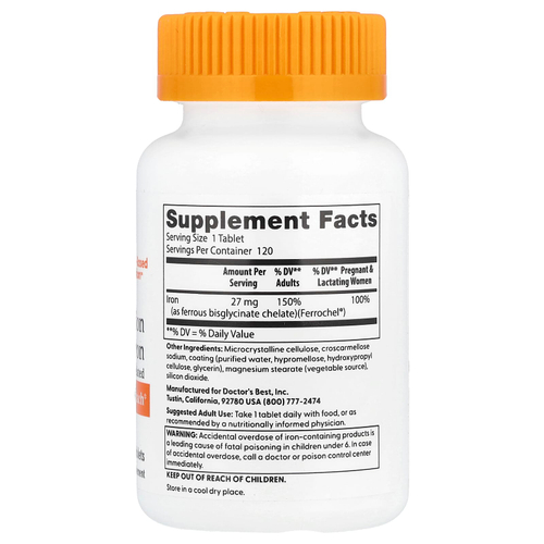 Doctor's Best, легкоусвояемое железо с Ferrochel, 27 мг, 120 таблеток