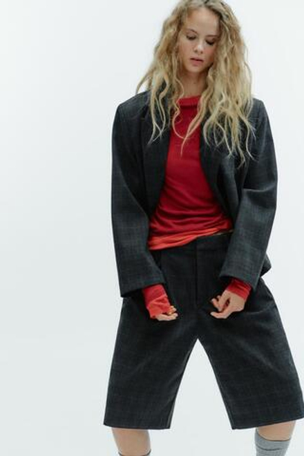 ZARA УКОРОЧЕННЫЙ БЛЕЙЗЕР ОВЕРСАЙЗ В КЛЕТКУ, СЕРЫЙ МЕЛАНЖ