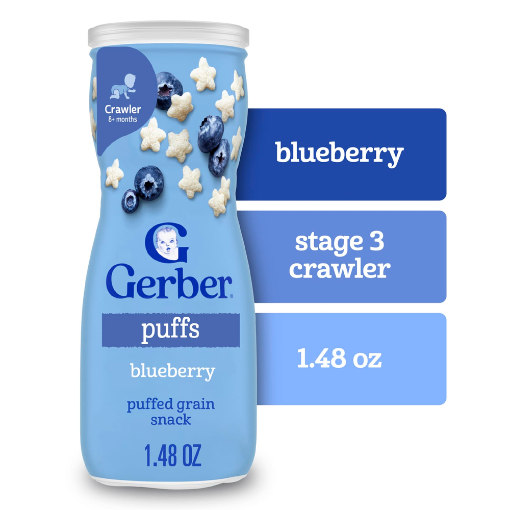 Gerber, Puffs, злаковые подушечки, для малышей от 8 месяцев, голубика, 42 г (1,48 унции)