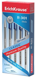 Ручка гелевая ErichKrause R-301 Classic Gel Stick, толщина линии 0,4 мм, синяя, 12 штук