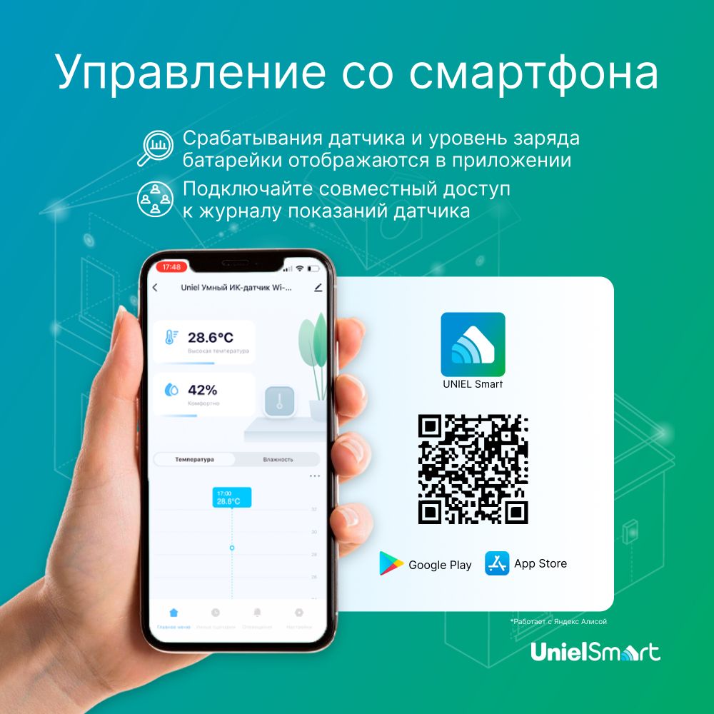 USN-A500 TS-WF WHITE Умный ИК-датчик температуры и влажности Wi-Fi+Bluetooth. на батарейках AAAx2 н-к. 12м. Накладной. Белый. Голосовое управление+приложение UnielSmart. TM Uniel