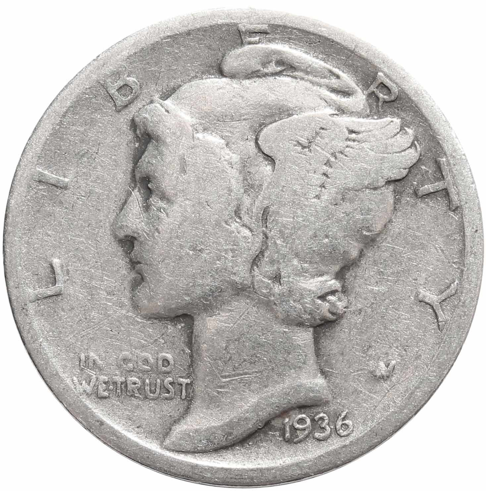 1 дайм (10 центов) 1936. США F- (Меркурий) Серебро