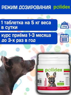 Polidex Recovit для собак, Кормовая добавка для восстановления организма после операций, травм, больших потерь крови, Полидекс Рековит, 150 таб