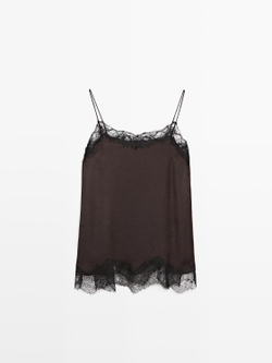Massimo Dutti Топ в бельевом стиле с контрастной отделкой кружевом, коричневый