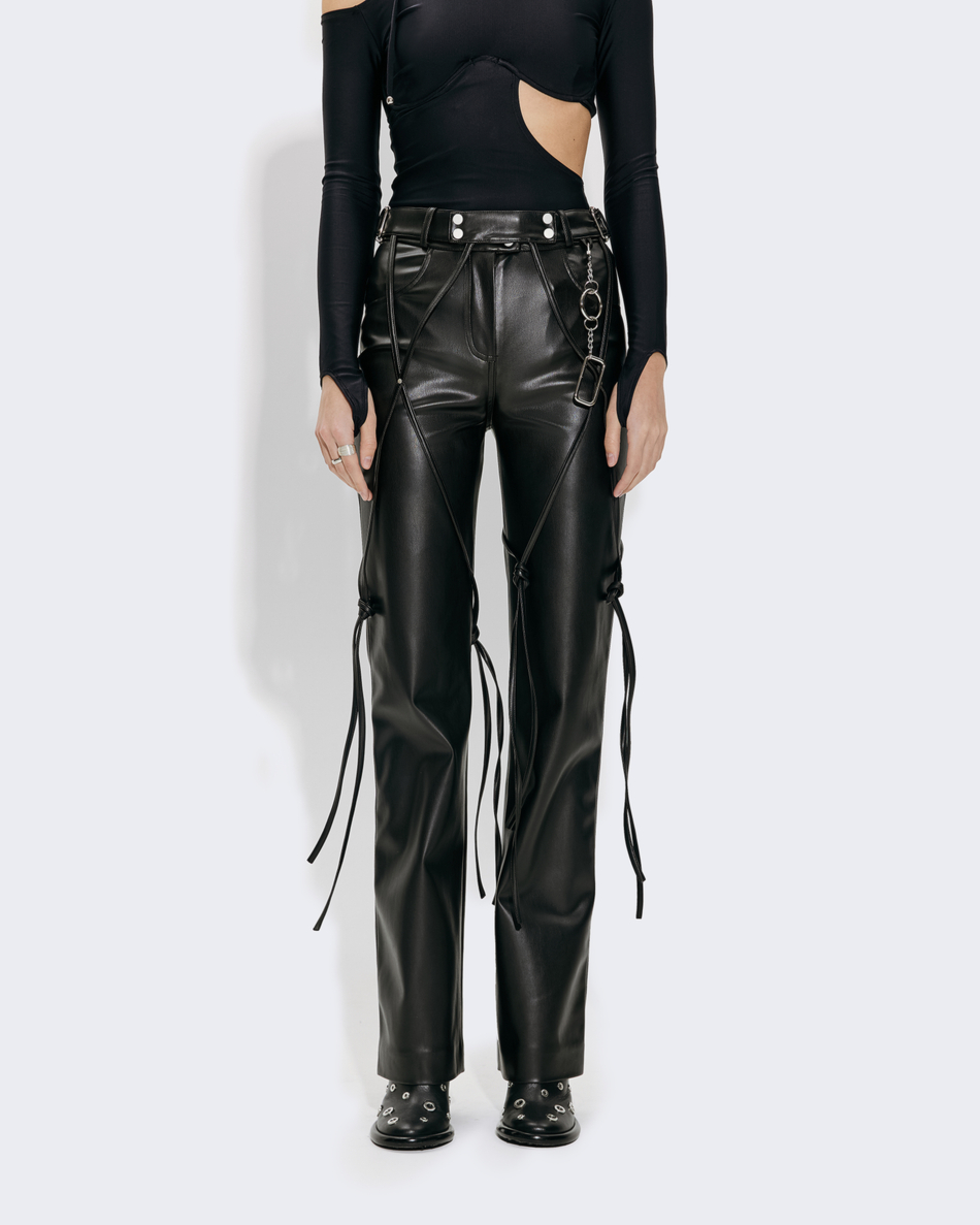 BLACK V-LEATHER TROUSERS WITH STRAPS