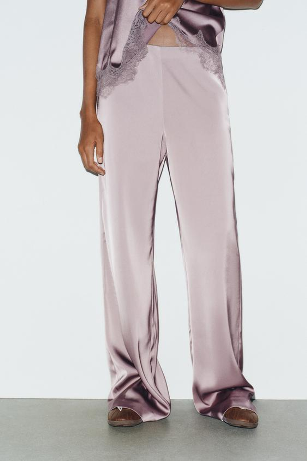 ZARA АТЛАСНЫЕ БРЮКИ С ВЫСОКОЙ ПОСАДКОЙ, СЕРО-КОРИЧНЕВЫЙ