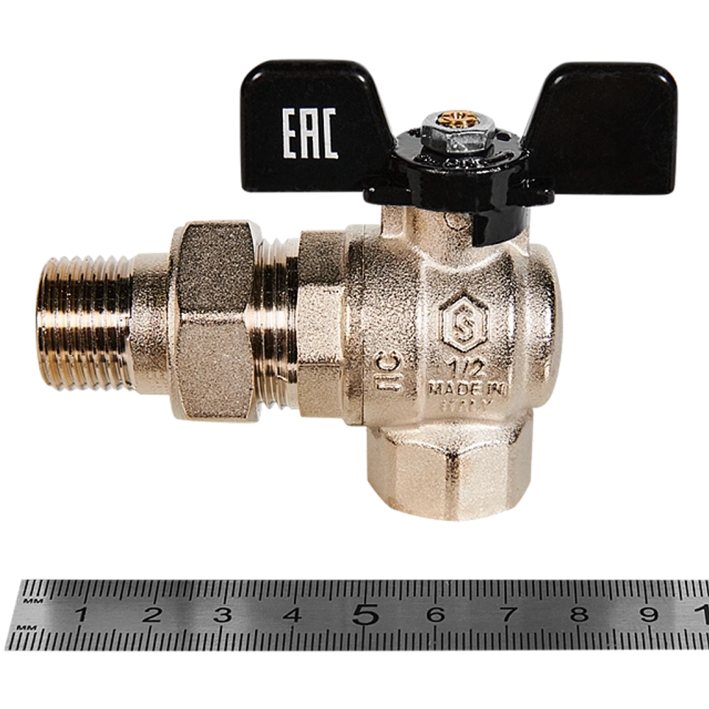 Кран шаровой полнопроходной угловой STOUT - 1/2" (ВР/НР-американка PN50, Tmax 150°C, ручка-бабочка)