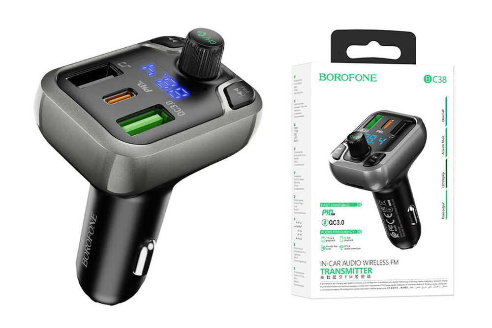FM модулятор (трансмиттер) автомобильный BOROFONE BC38 PD20W+ QC3.0 BT/USB/SD/FM, черный