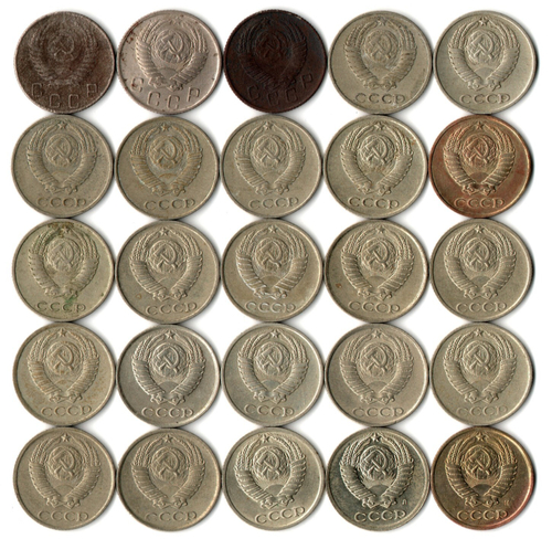 Набор 10 копеек СССР (25 шт без повторов) 1953, 56, 57,61, 70-74, 77-91 л,м