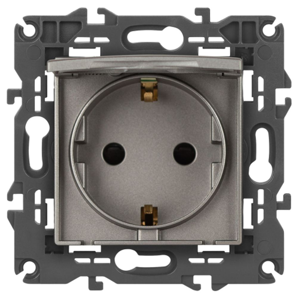 Розетка ЭРА Elegance 14-2103-16 2P+E Schuko со шторками с крышкой, 16А-250В, титан