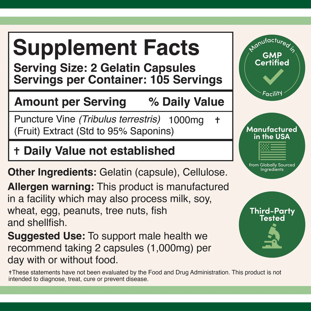 Double Wood Supplements - Tribulus Terrestris - 210 x 500 mg capsules
