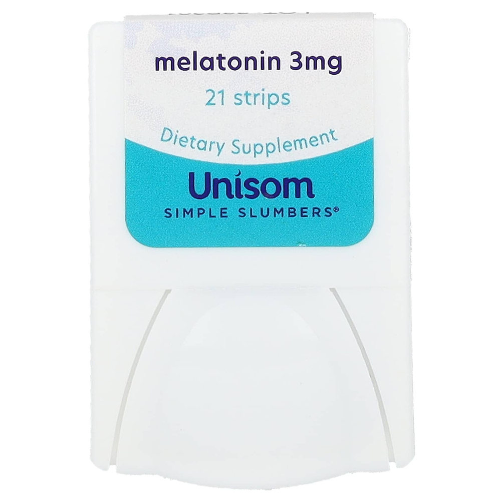 Unisom, Simple Slumbers, возврат к сну, мелатониновые полоски, холодящая мята, 3 мг, 21 полоска