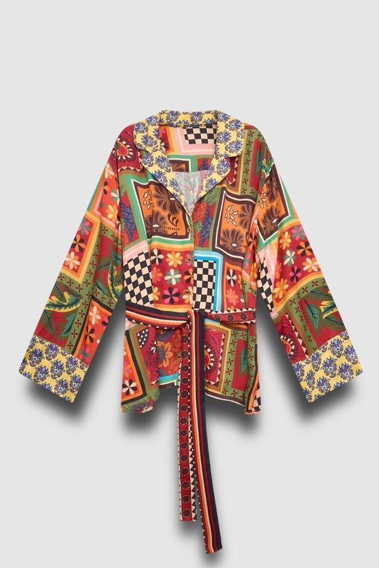 Костюм в пижамном стиле из вискозы, комбинированный принт