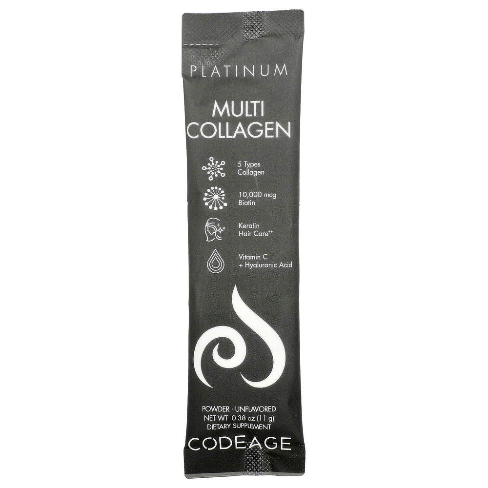 Codeage, Platinum, мультиколлагеновые пептиды, без добавок, 30 пакетиков по 11 г (0,38 унции)