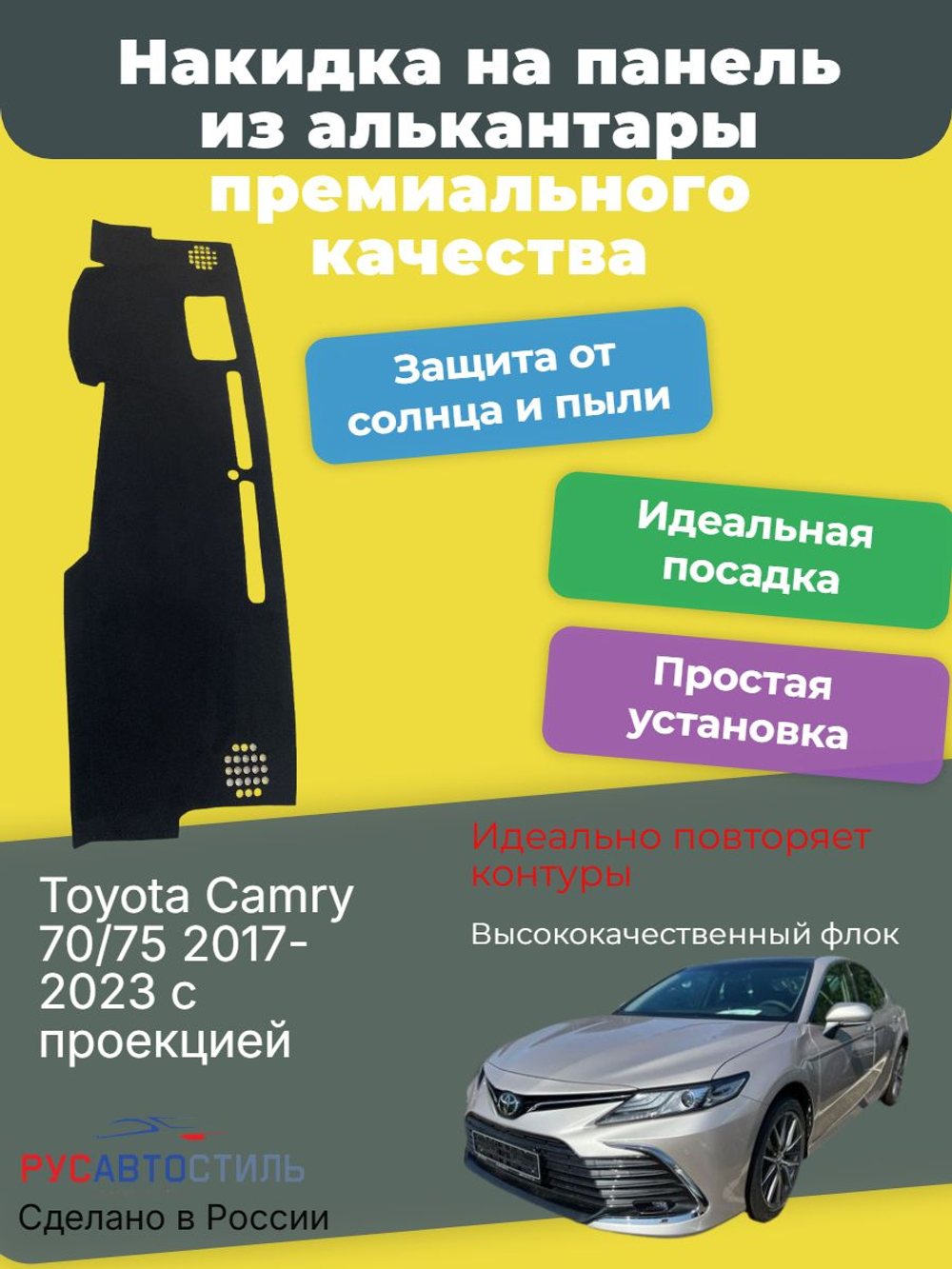 Накидка на панель из алькантары на Toyota Camry 70/75 2017-2023 с проекцией
