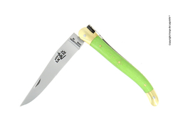 Folding knife, 11 cm blade, 2 brass bolsters, shiny finish, Green compressed Fabric handle