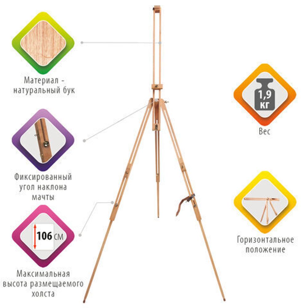 Мольберт полевой BRAUBERG ART CLASSIC, тренога, бук, высота 84 -187 см, высота холста 106см, 190651