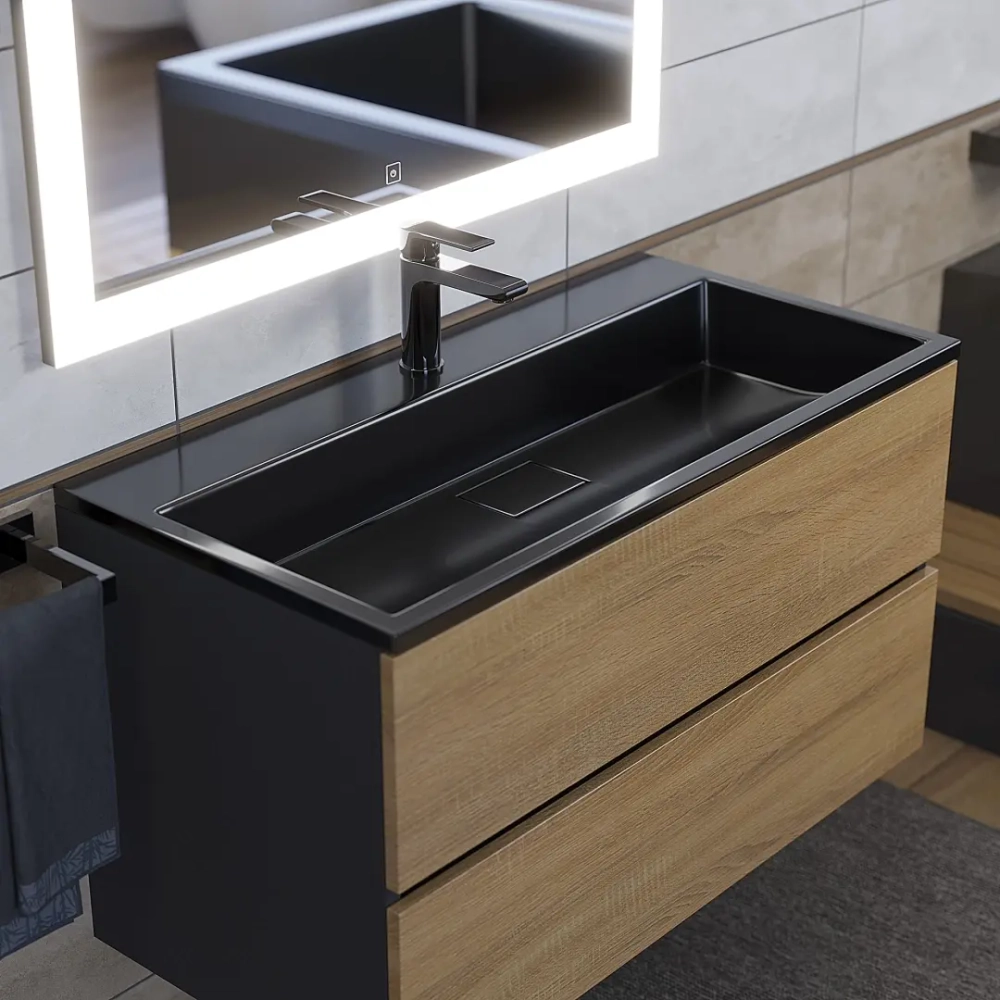 Тумба с раковиной Uperwood Barsa 90 см, раковина черная глянцевая, подвесная тумба черная/дуб сонома