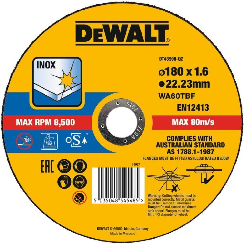 Круг отрезной, высокий ресурс 180x22.2x1.6мм тип 41 DEWALT DT43908-QZ
