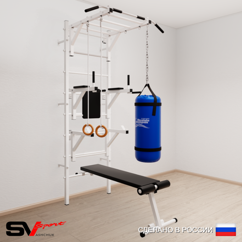 Шведская стенка Sv Sport усиленная 6612 (Турник рукоход/Брусья/Стойка/Скамья/Кольца/Цепь/Мешок 22кг)