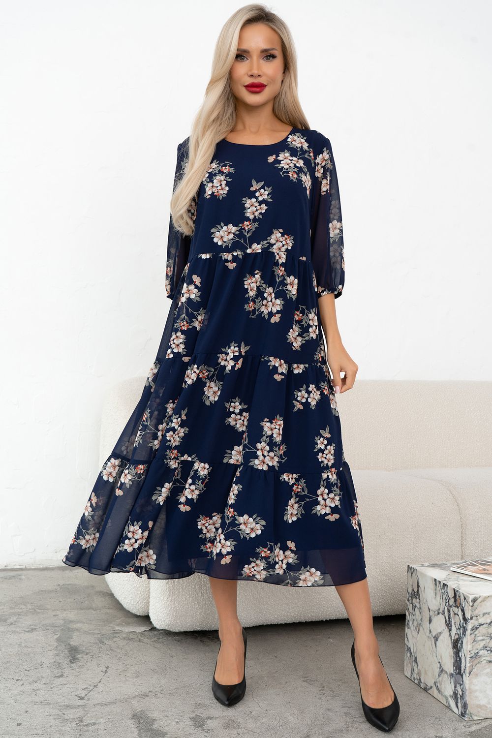 Платье Хелен (синий/цветы)-52р-р Р11-2075/7 Nikol