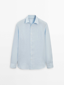 Massimo Dutti 100% льняная приталенная рубашка,  небесно-голубой
