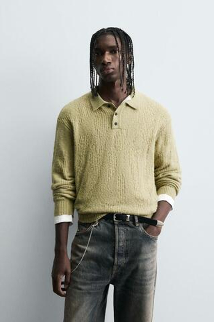 ZARA ТРИКОТАЖНОЕ ПОЛО С АЖУРНЫМ УЗОРОМ, СВЕТЛО-ЗЕЛЕНЫЙ