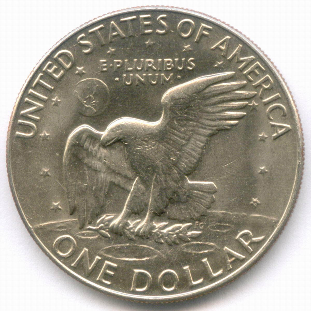 1 доллар 1974 год (D). США. Эйзенхауэр. Медь с медно-никелевым покрытием, диаметр 38.1 мм. AUNC