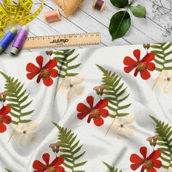 Ткань кулирная гладь крупные красные цветы и листья на белом фоне