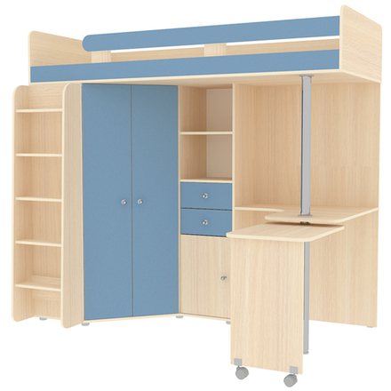 Кровать-чердак КарИВи М85  Дуб Молочный Светло-синий, голубой