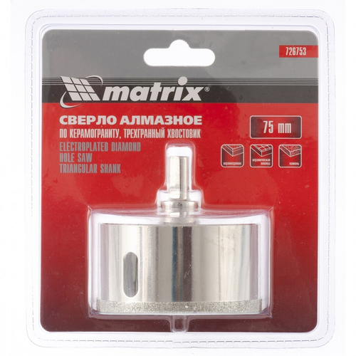 726753 Сверло алмазное по керамограниту, 75 х 67 мм, 3-гранный хвостовик// Matrix