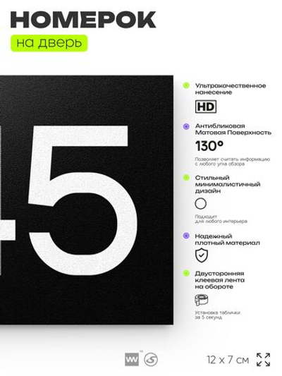 Номер на дверь 945, табличка на дверь для офиса, квартиры, кабинета, аудитории, склада, черная 120х70 мм, Айдентика Технолоджи