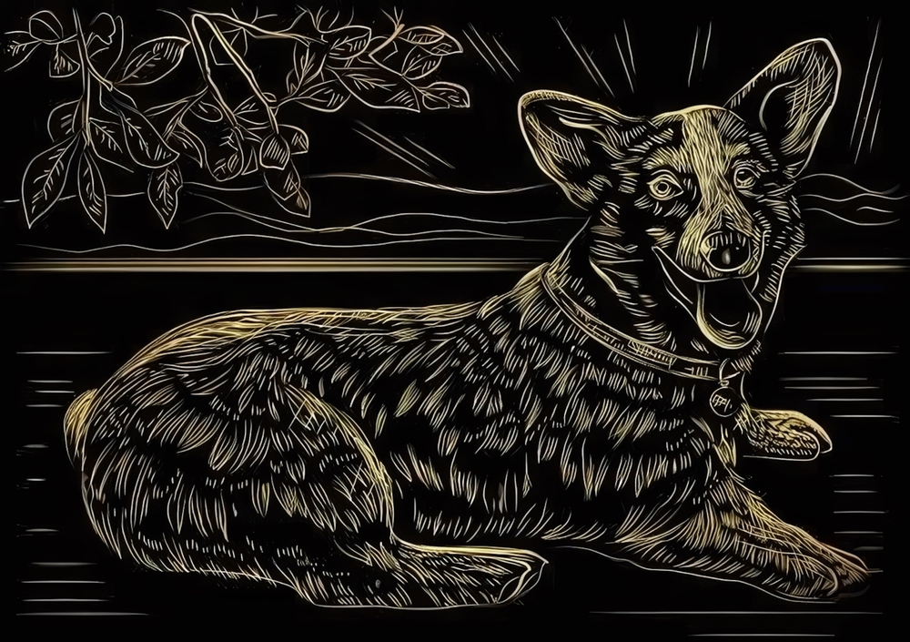 Гравюра А4 Золото "Милый корги" Арт. Г-0505