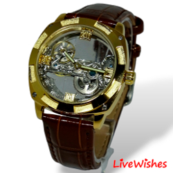 Часы наручные механические скелетоны FORSINING на кожаном ремешке, золотистый/коричневый W8990-04