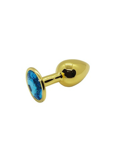 Анальная пробка металлическая золотая с синим кристаллом Onjoy Metal Plug Gold Small (Цвет: золотой с синим)
