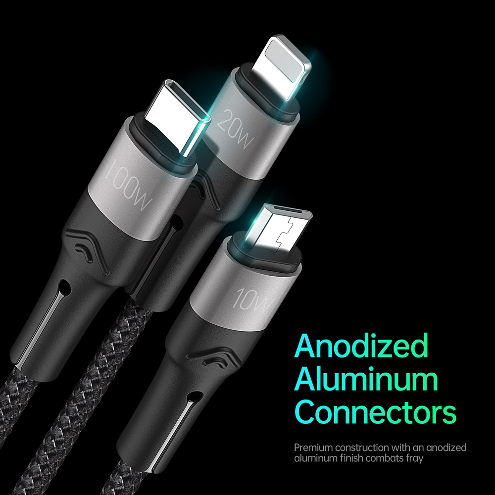 Кабель передачи данных с USB-C 3 в 1 в тканевой оплетке от Duzzona с разъемами USB-C, Lightning, Micro USB, серия A4 Cable, длина 1,3м