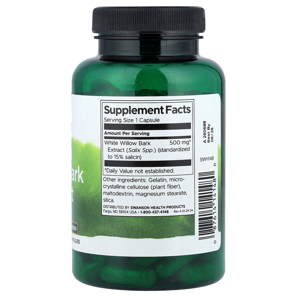 Swanson, экстракт коры белой ивы, стандартизованный, 500 мг, 120 капсул