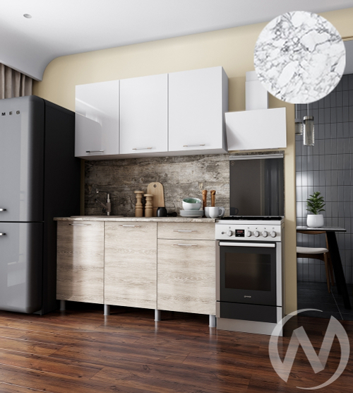 Кухня Нора 1.5м (корпус белый/белый; дуб шале светлый) 38мм мрамор итальянский